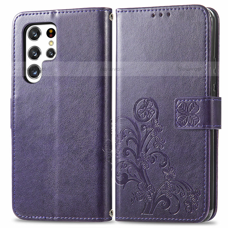 Leather Case Stands Flip Flowers Cover Holder for Samsung Galaxy S23 Ultra 5G Purple