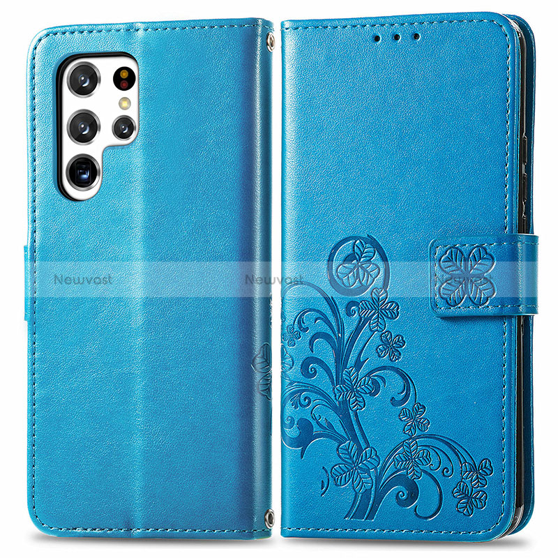 Leather Case Stands Flip Flowers Cover Holder for Samsung Galaxy S24 Ultra 5G Blue