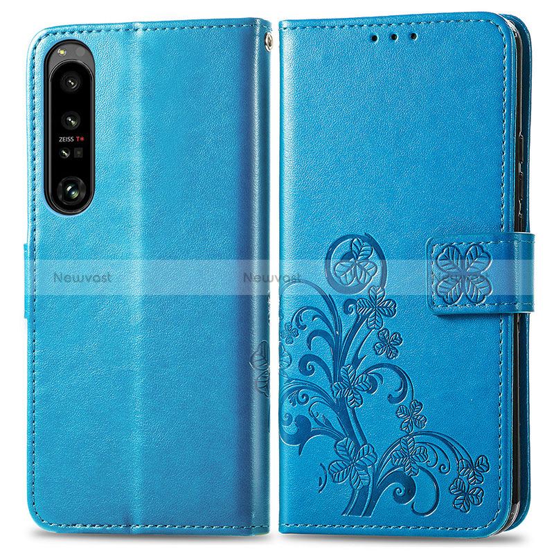 Leather Case Stands Flip Flowers Cover Holder for Sony Xperia 1 IV Blue