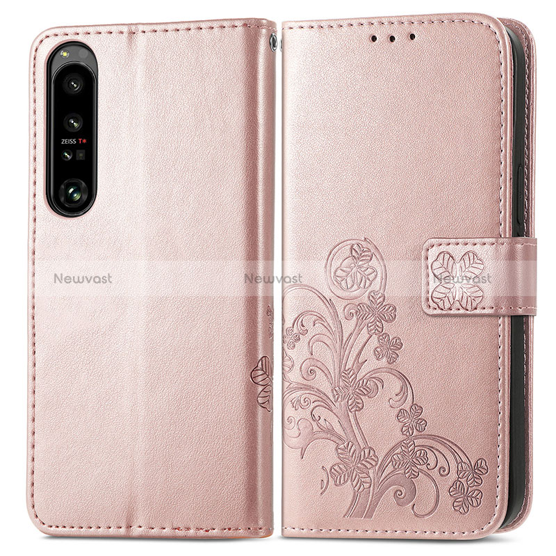 Leather Case Stands Flip Flowers Cover Holder for Sony Xperia 1 IV Pink