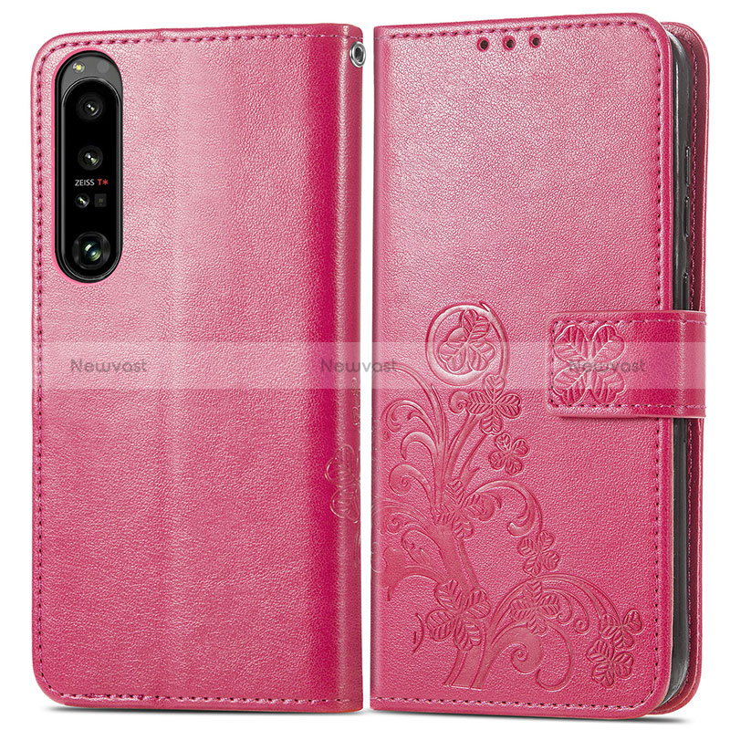 Leather Case Stands Flip Flowers Cover Holder for Sony Xperia 1 IV Red