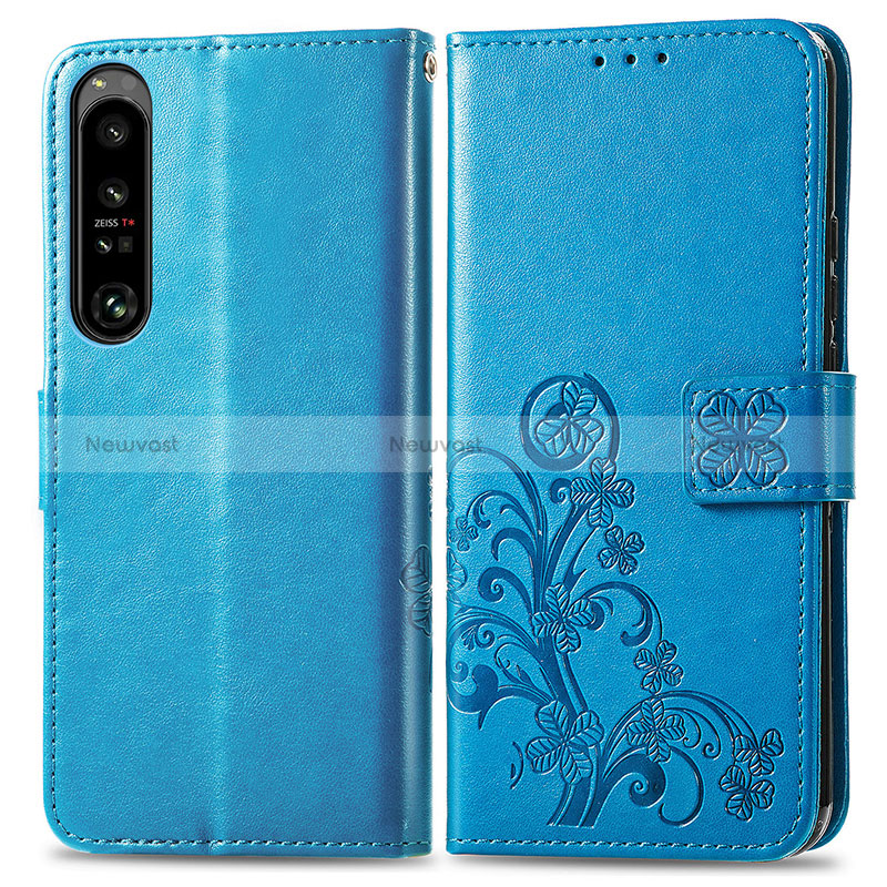 Leather Case Stands Flip Flowers Cover Holder for Sony Xperia 1 IV SO-51C Blue