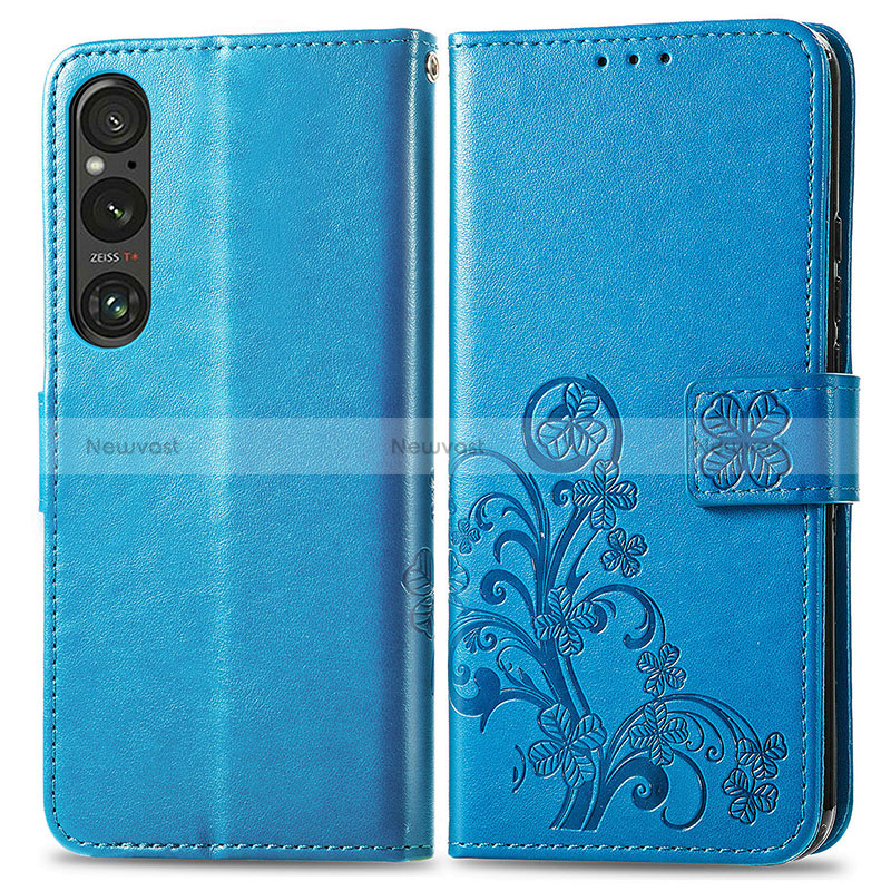 Leather Case Stands Flip Flowers Cover Holder for Sony Xperia 1 V Blue