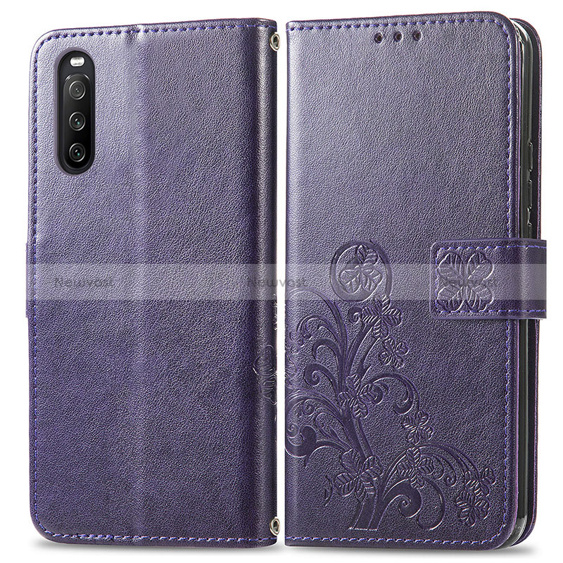 Leather Case Stands Flip Flowers Cover Holder for Sony Xperia 10 III Purple