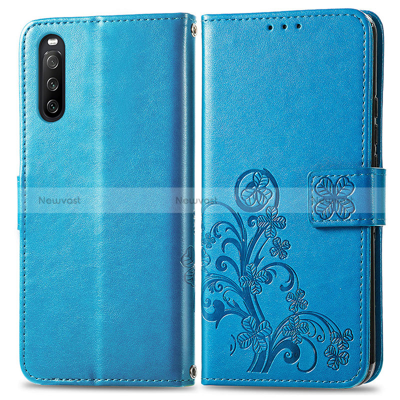 Leather Case Stands Flip Flowers Cover Holder for Sony Xperia 10 III SOG04 Blue