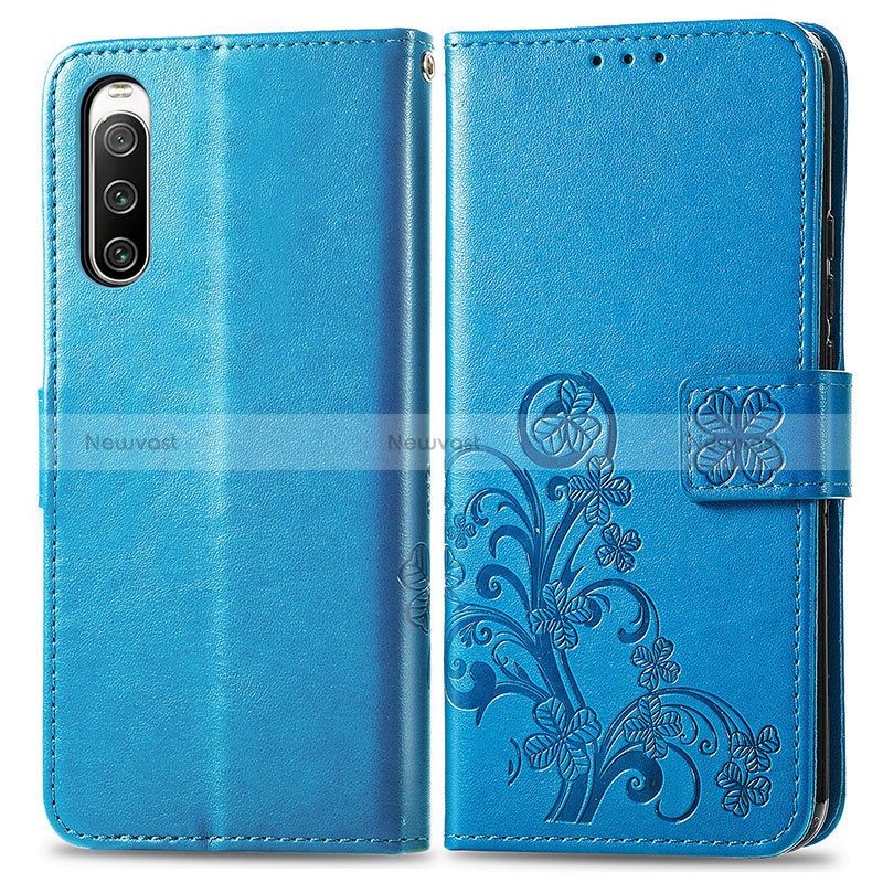 Leather Case Stands Flip Flowers Cover Holder for Sony Xperia 10 IV Blue