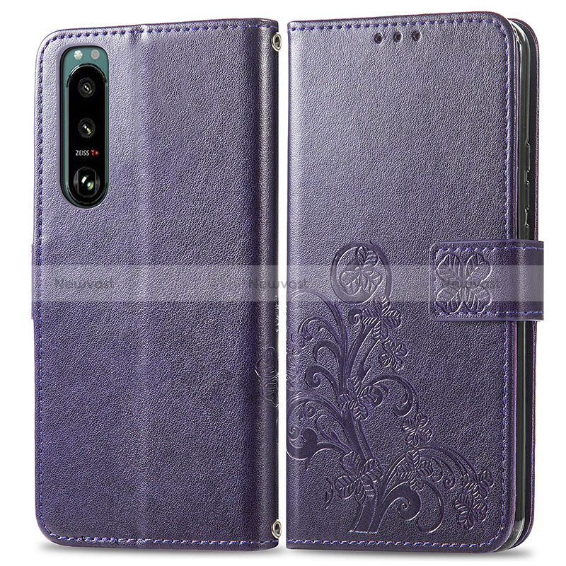 Leather Case Stands Flip Flowers Cover Holder for Sony Xperia 5 IV Purple