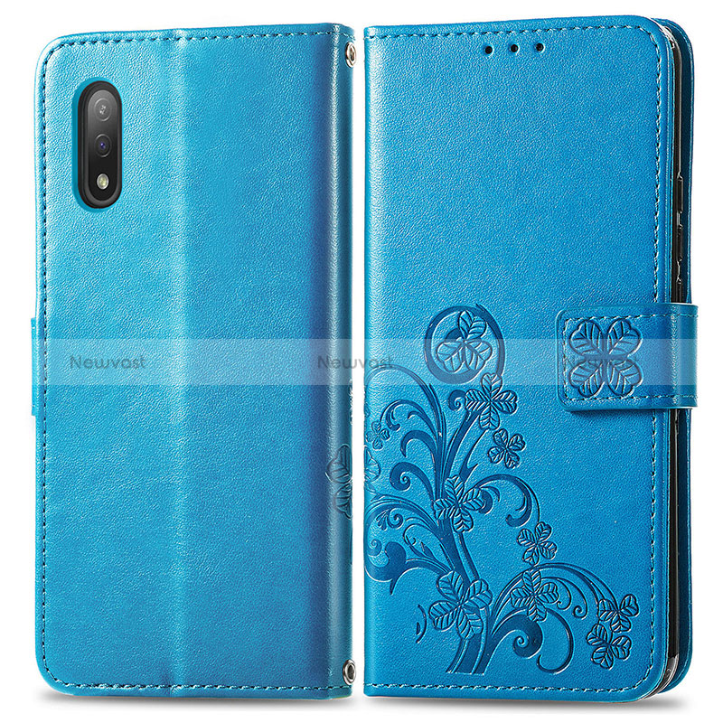 Leather Case Stands Flip Flowers Cover Holder for Sony Xperia Ace II SO-41B Blue
