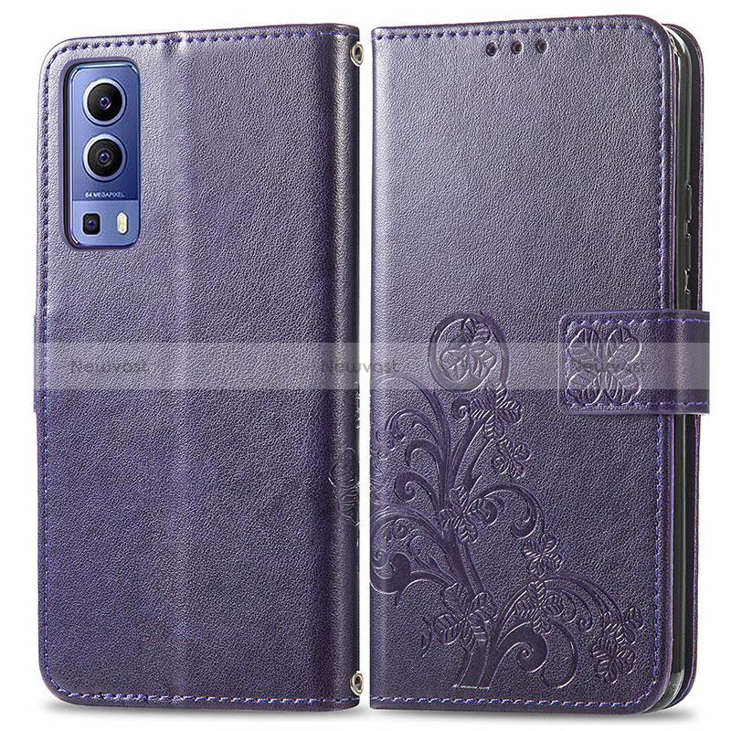 Leather Case Stands Flip Flowers Cover Holder for Vivo iQOO Z3 5G Purple