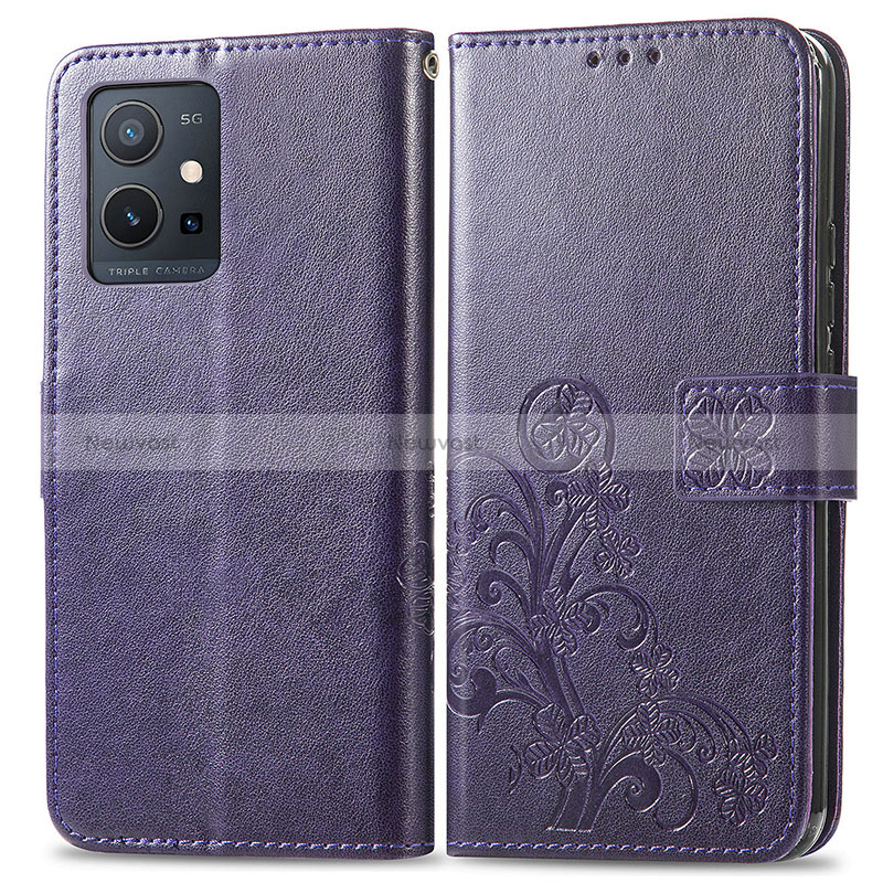 Leather Case Stands Flip Flowers Cover Holder for Vivo iQOO Z6 5G Purple