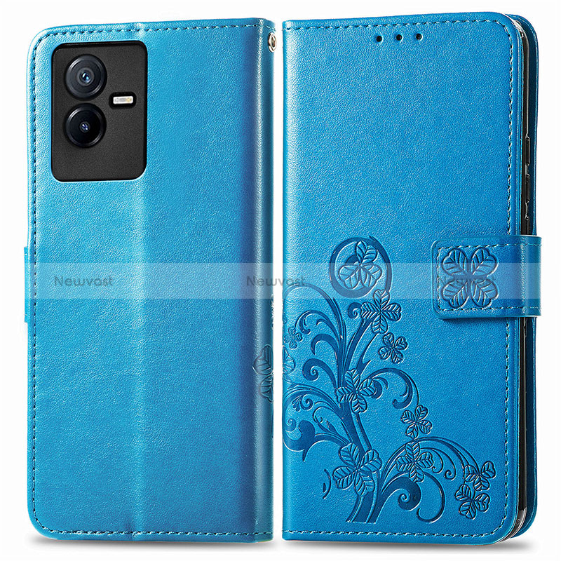 Leather Case Stands Flip Flowers Cover Holder for Vivo iQOO Z6x Blue