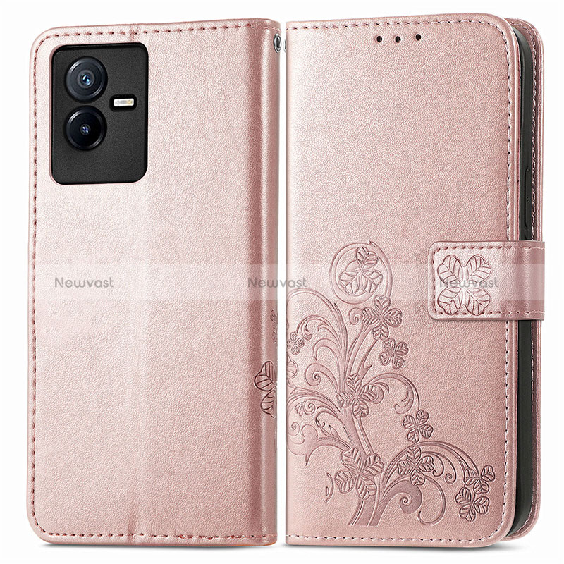 Leather Case Stands Flip Flowers Cover Holder for Vivo iQOO Z6x Pink