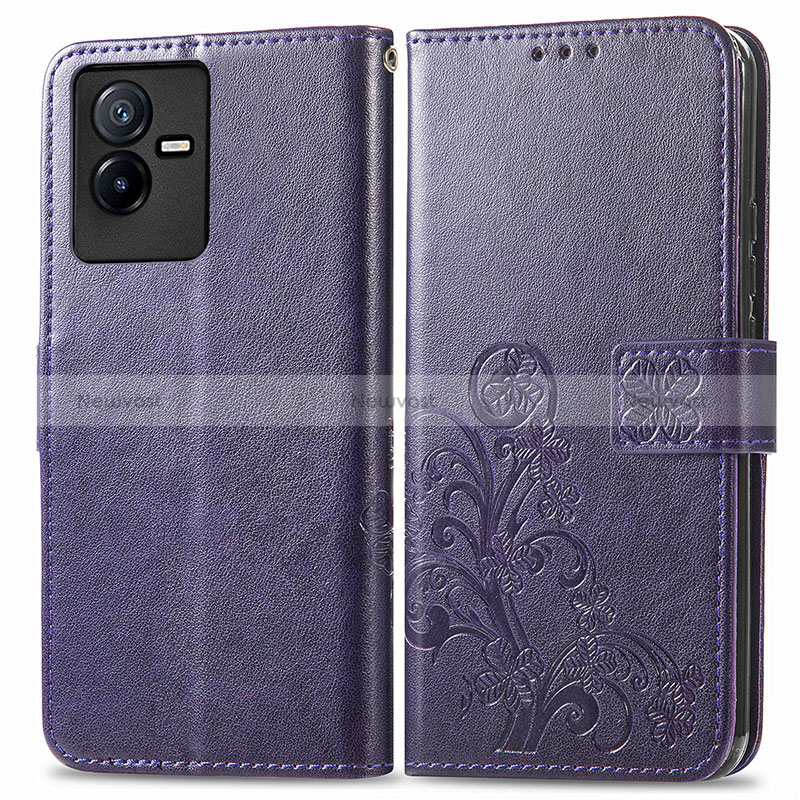 Leather Case Stands Flip Flowers Cover Holder for Vivo T2x 5G Purple