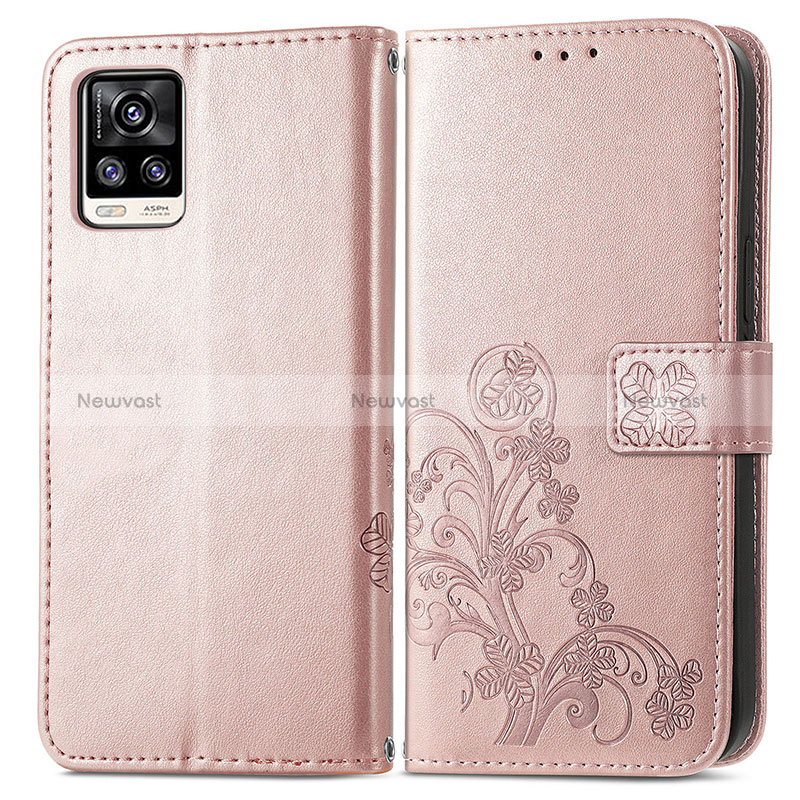 Leather Case Stands Flip Flowers Cover Holder for Vivo V20 (2021) Pink