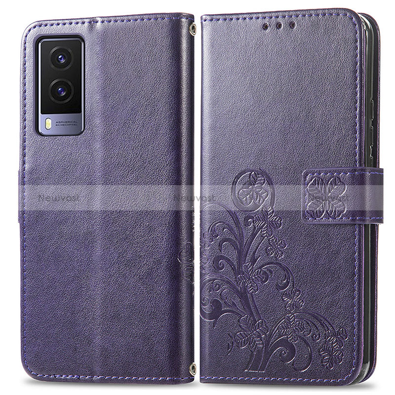 Leather Case Stands Flip Flowers Cover Holder for Vivo V21e 5G Purple