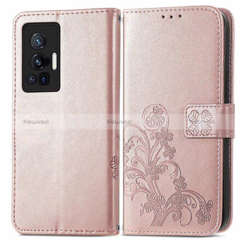 Leather Case Stands Flip Flowers Cover Holder for Vivo X70 Pro 5G Pink