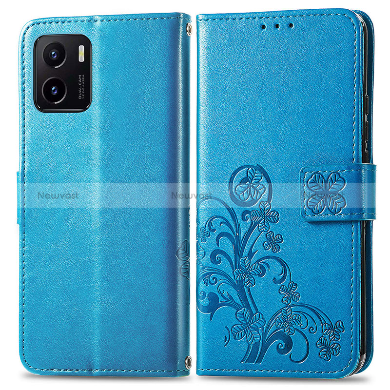 Leather Case Stands Flip Flowers Cover Holder for Vivo Y01 Blue