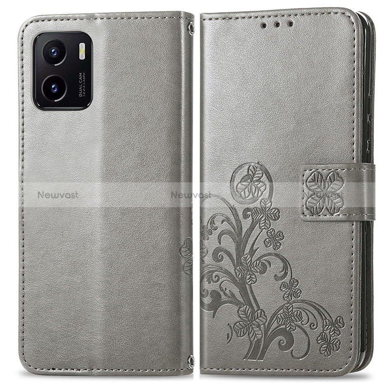 Leather Case Stands Flip Flowers Cover Holder for Vivo Y01 Gray