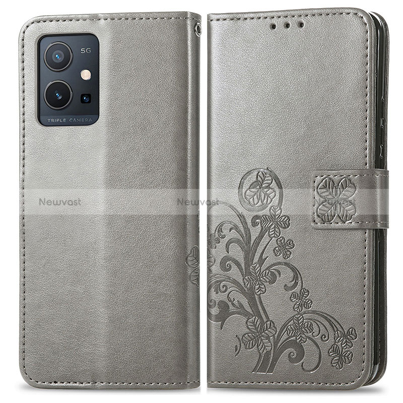 Leather Case Stands Flip Flowers Cover Holder for Vivo Y30 5G Gray