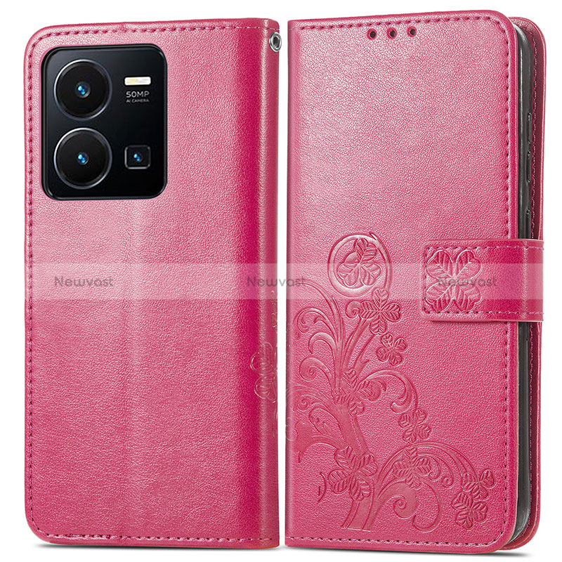 Leather Case Stands Flip Flowers Cover Holder for Vivo Y35 4G Red