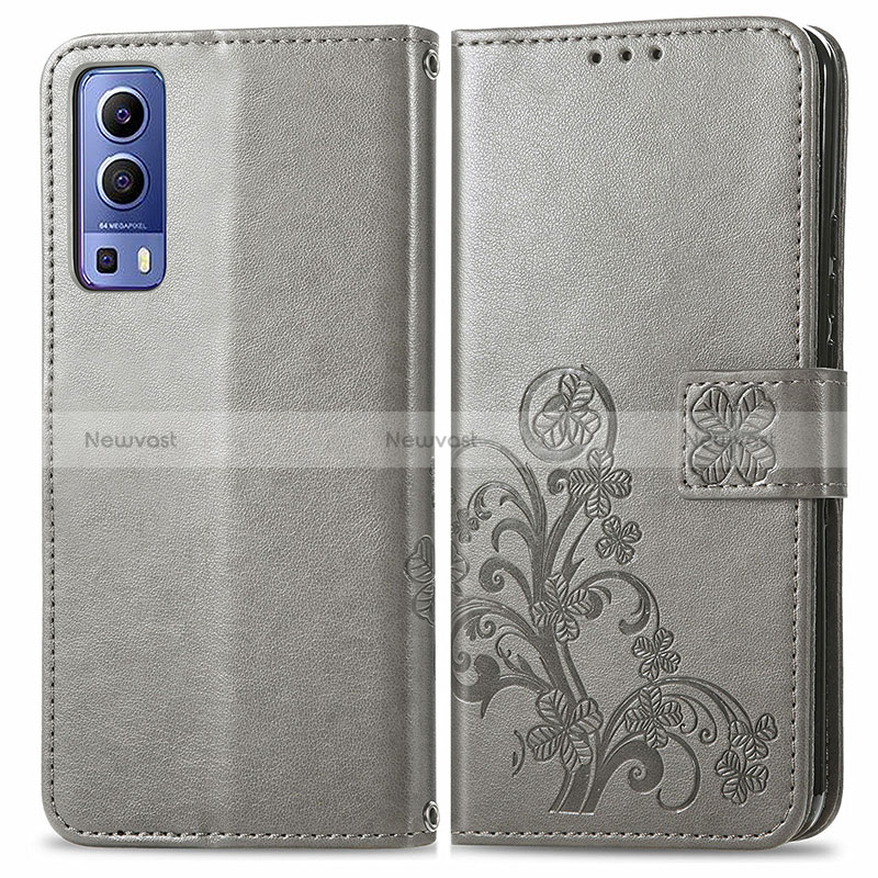 Leather Case Stands Flip Flowers Cover Holder for Vivo Y52 5G Gray