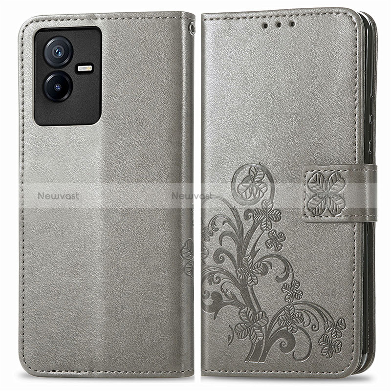 Leather Case Stands Flip Flowers Cover Holder for Vivo Y73t Gray