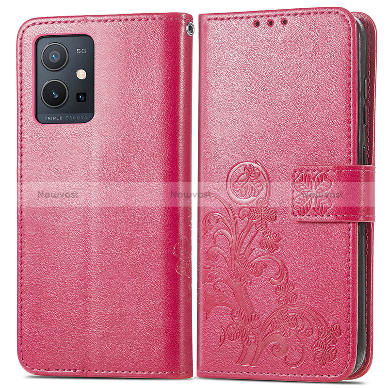 Leather Case Stands Flip Flowers Cover Holder for Vivo Y75 5G Red