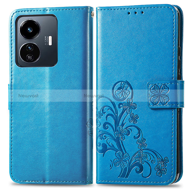 Leather Case Stands Flip Flowers Cover Holder for Vivo Y77e 5G Blue