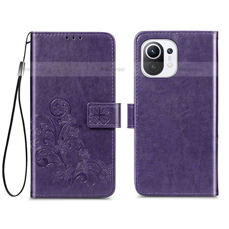 Leather Case Stands Flip Flowers Cover Holder for Xiaomi Mi 11 5G Purple