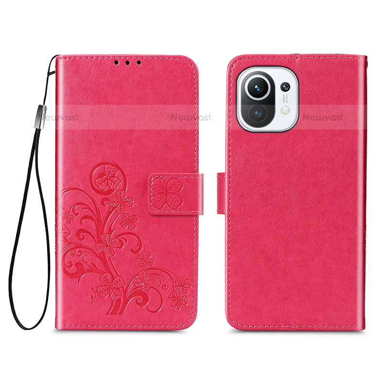 Leather Case Stands Flip Flowers Cover Holder for Xiaomi Mi 11 Lite 4G Red