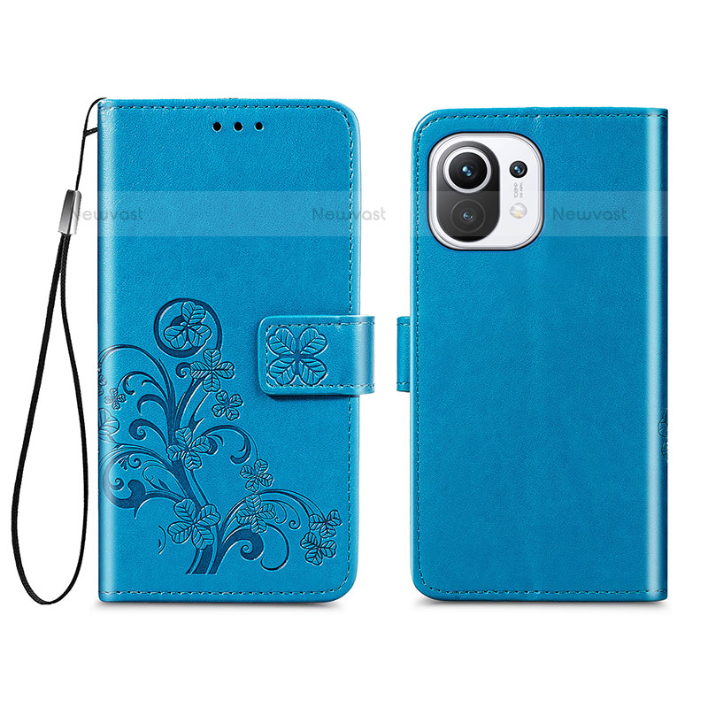 Leather Case Stands Flip Flowers Cover Holder for Xiaomi Mi 11 Lite 5G Blue