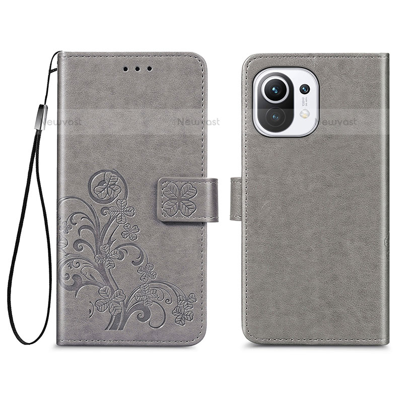 Leather Case Stands Flip Flowers Cover Holder for Xiaomi Mi 11 Lite 5G Gray