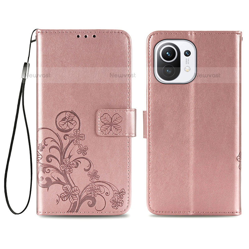 Leather Case Stands Flip Flowers Cover Holder for Xiaomi Mi 11 Lite 5G NE Pink