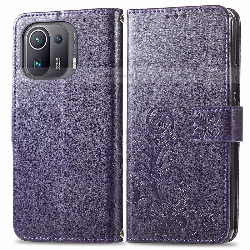 Leather Case Stands Flip Flowers Cover Holder for Xiaomi Mi 11 Pro 5G Purple