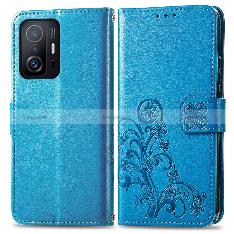 Leather Case Stands Flip Flowers Cover Holder for Xiaomi Mi 11T 5G Blue