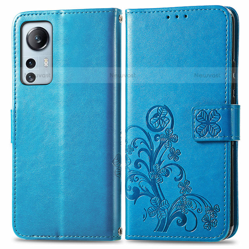 Leather Case Stands Flip Flowers Cover Holder for Xiaomi Mi 12S Pro 5G Blue