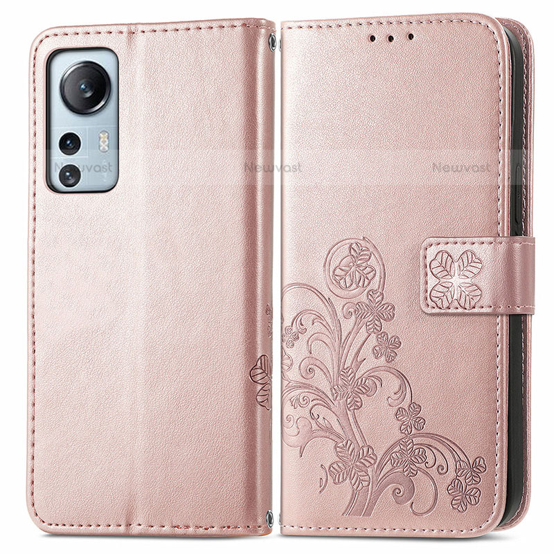 Leather Case Stands Flip Flowers Cover Holder for Xiaomi Mi 12S Pro 5G Pink