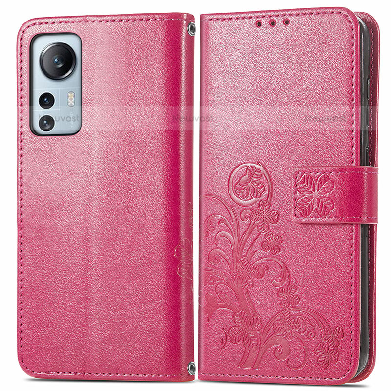 Leather Case Stands Flip Flowers Cover Holder for Xiaomi Mi 12S Pro 5G Red