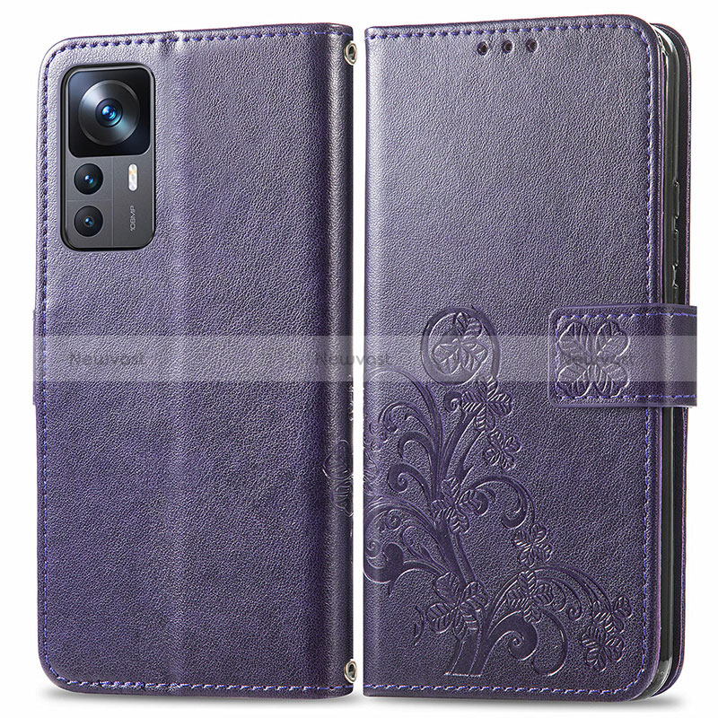 Leather Case Stands Flip Flowers Cover Holder for Xiaomi Mi 12T 5G Purple