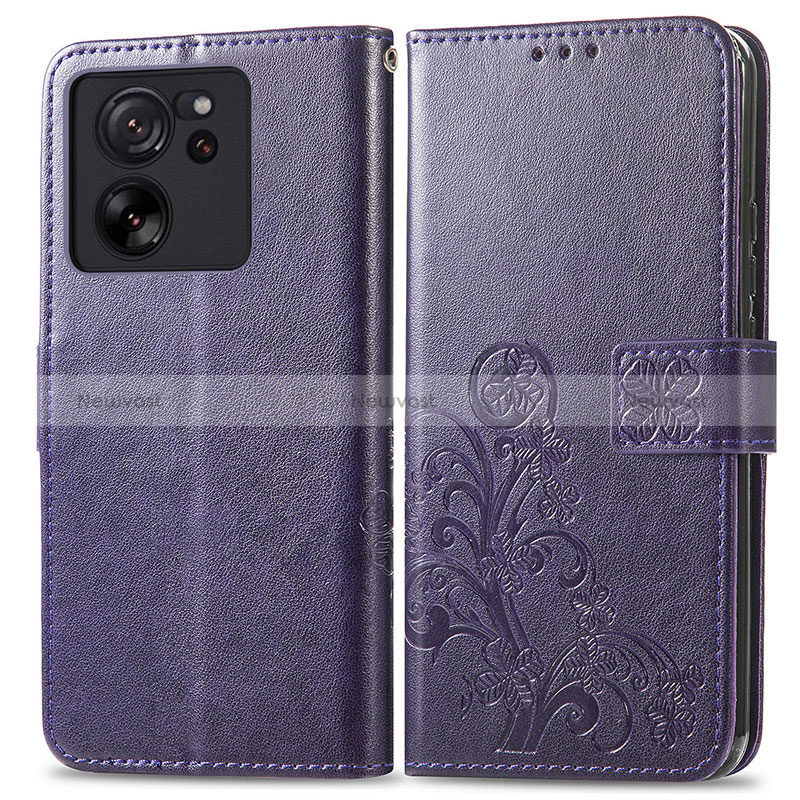 Leather Case Stands Flip Flowers Cover Holder for Xiaomi Mi 13T 5G Purple