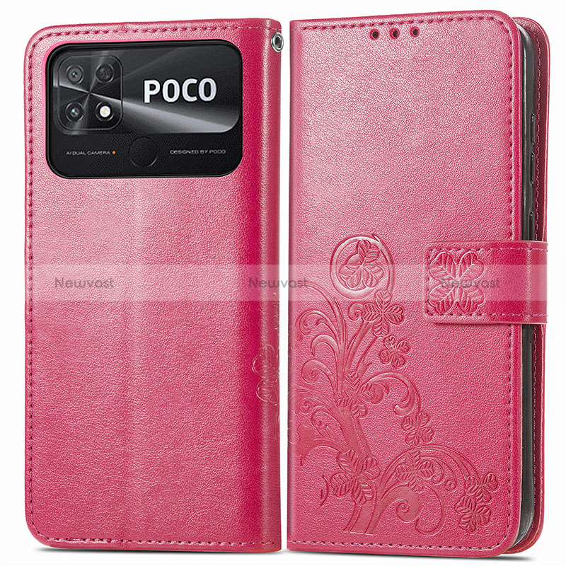 Leather Case Stands Flip Flowers Cover Holder for Xiaomi Poco C40 Red