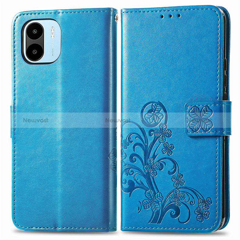 Leather Case Stands Flip Flowers Cover Holder for Xiaomi Poco C50 Blue