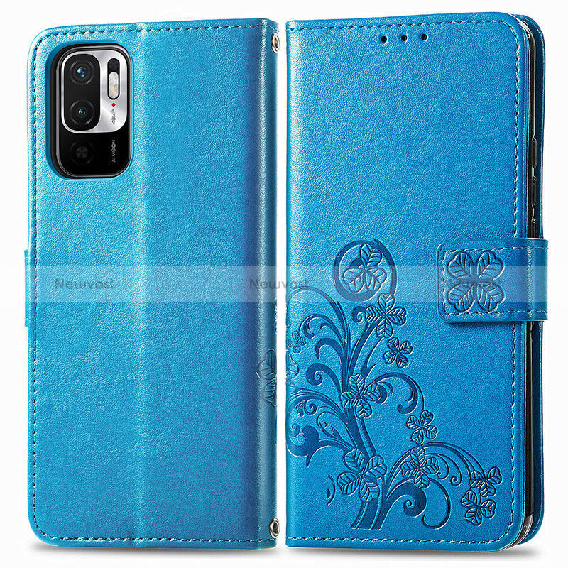 Leather Case Stands Flip Flowers Cover Holder for Xiaomi POCO M3 Pro 5G Blue