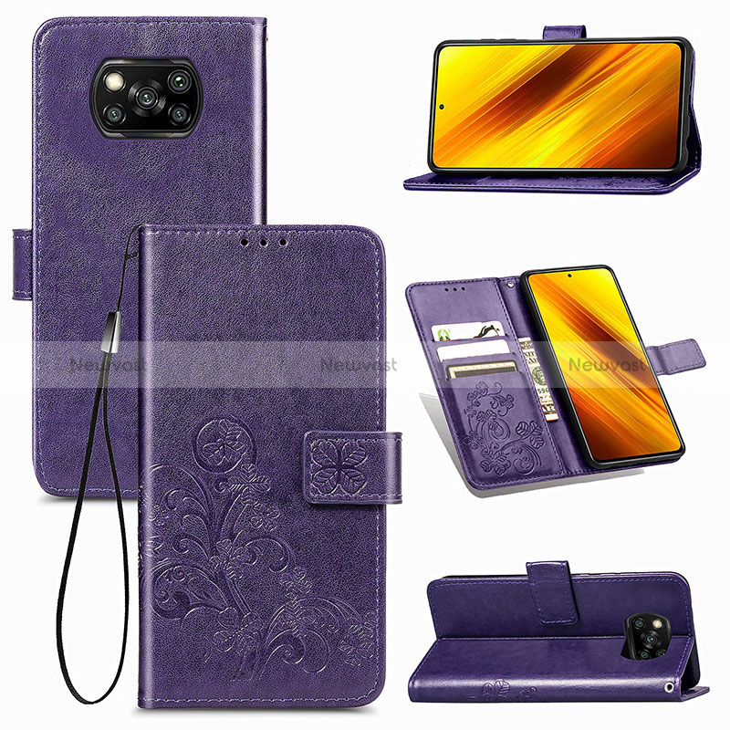 Leather Case Stands Flip Flowers Cover Holder for Xiaomi Poco X3 NFC Purple