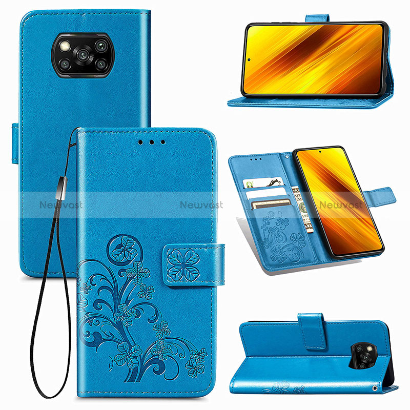 Leather Case Stands Flip Flowers Cover Holder for Xiaomi Poco X3 Pro Blue
