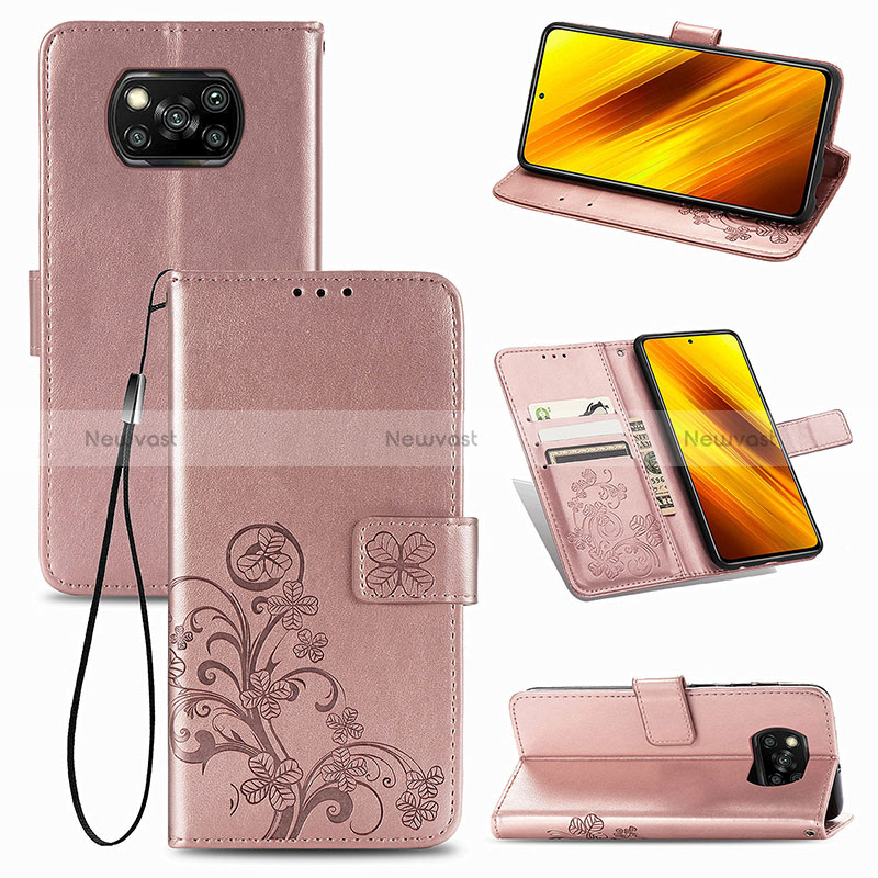 Leather Case Stands Flip Flowers Cover Holder for Xiaomi Poco X3 Pro Pink