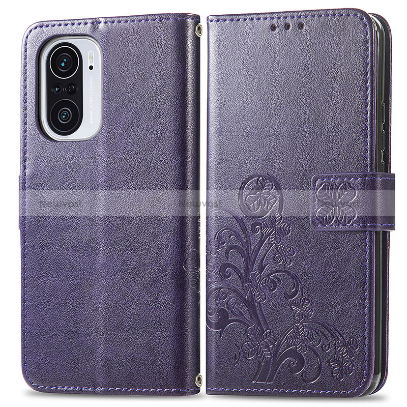 Leather Case Stands Flip Flowers Cover Holder for Xiaomi Redmi K40 5G Purple