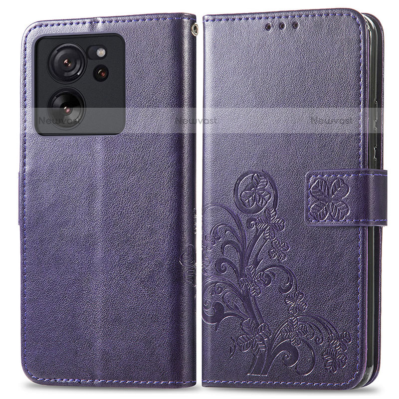 Leather Case Stands Flip Flowers Cover Holder for Xiaomi Redmi K60 Ultra 5G Purple