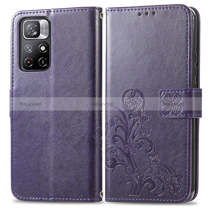 Leather Case Stands Flip Flowers Cover Holder for Xiaomi Redmi Note 11S 5G Purple