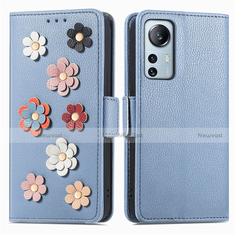 Leather Case Stands Flip Flowers Cover Holder L01 for Xiaomi Mi 12 5G Blue